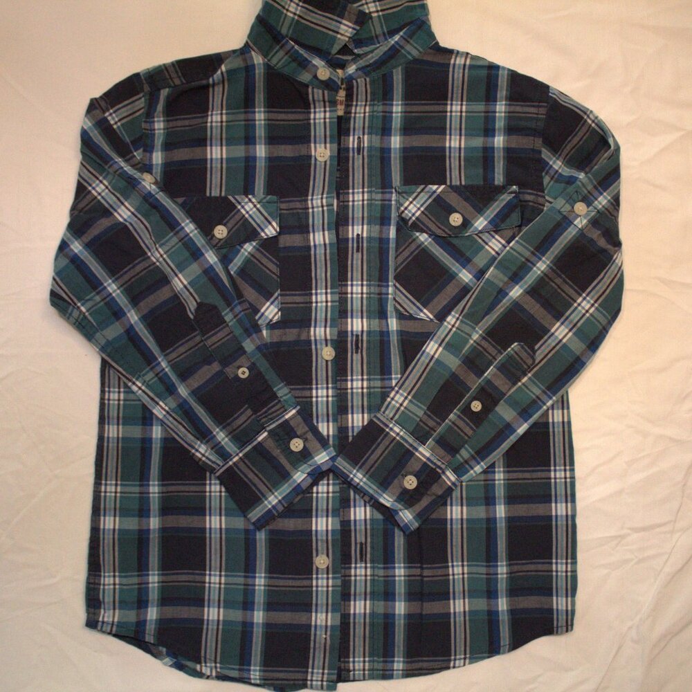 URBAN PIPELINE, Kids S, Navy Blue/Teal Checkered Button Up Long Sleeve Shirt